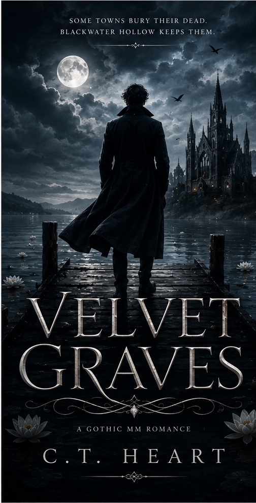 Velvet Graves MM romance book cover — a silhouetted figure on a pier before a gothic castle under a full moon